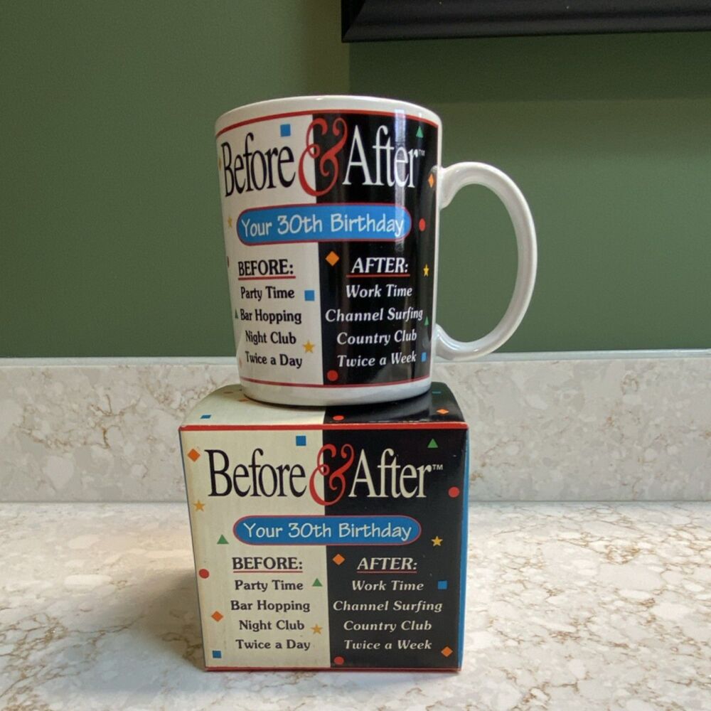 Vintage “Before & After Your 30th Birthday” Novelty Mug – Taffeta Designs – Funn